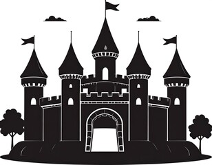 Obraz premium Silhouette of a grand fairytale castle with spires, flags, archways and a rounded base surrounded by small trees