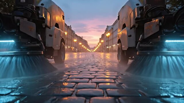 Two street sweepers cleaning a cobblestone road at dusk with a beautiful sky.