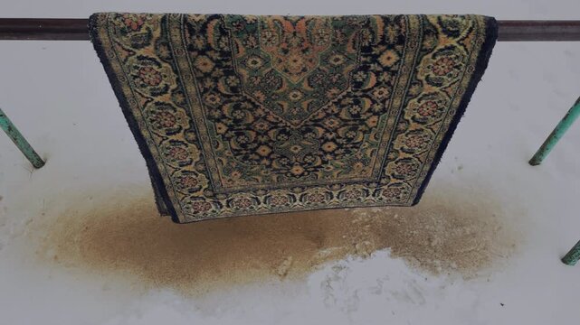 Old Persian Rug, Nostalgic Persian Rug with Floral Design on Snowy Balcony for Market Presentation