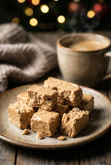 Fototapeta premium Traditional Spanish soft almond turron with coffee and bokeh lights