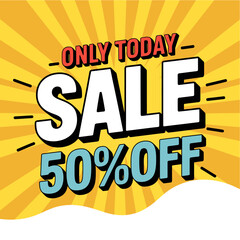 Vibrant yellow sale banner with fifty percent discount offer today