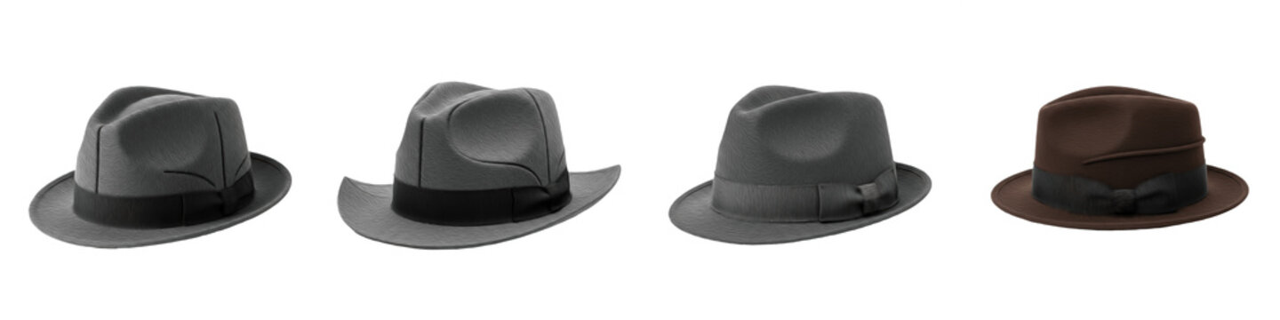 Felt Fedora Trilby Hat Set Isolated on White PNG Vintage Gangster Style Headwear Collection Mens Classic Formal Dress Hat Detective Costume Accessory Cutout