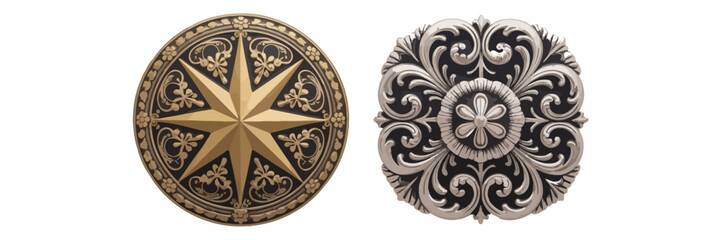 Fototapeta premium Rodeo belt buckle isolated on clear white background, featuring highly detailed decorative design associated with rodeo competitions, western culture, cowboy fashion, awards, and classic Americana acc