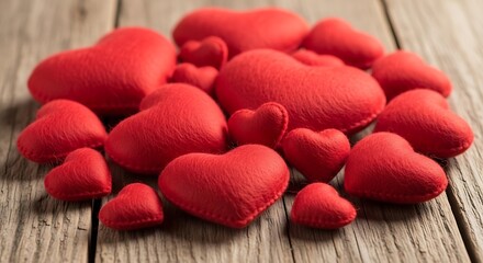 Obraz premium A cluster of vibrant red hearts gently resting on a rustic wooden table