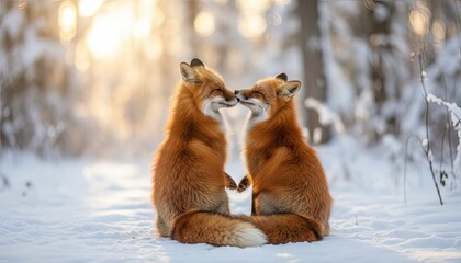 Two red foxes sitting nose to nose in a snowy winter forest with warm golden sunlight bokeh effect.