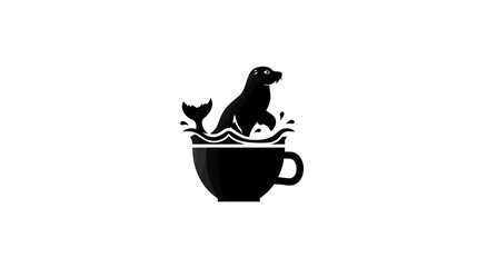 Creative Black Silhouette Graphic of a Playful Seal Jumping and Splashing Out of a Coffee Mug, Unique Marine Animal Drink Concept