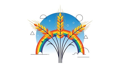 Stylized graphic featuring wheat stalks, a rainbow, and a geometric background on white
