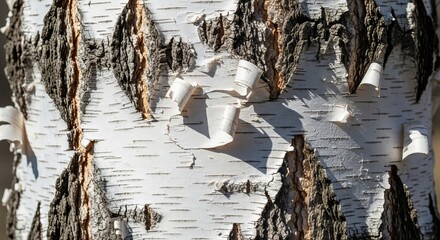 Close-up of White Birch Tree Bark with Peeling Layers and Textured Surface
