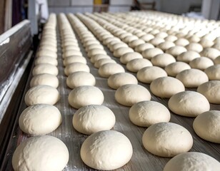Rows of smooth, rounded dough balls on a conveyor belt, stretching into the distance in a food preparation setting