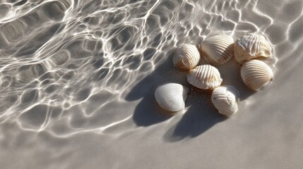 Minimal beach scene with white seashells on sand soft sunlight water ripples calm summer mood nature