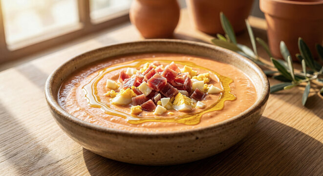 Close up of traditional salmorejo soup in warm natural sunlight