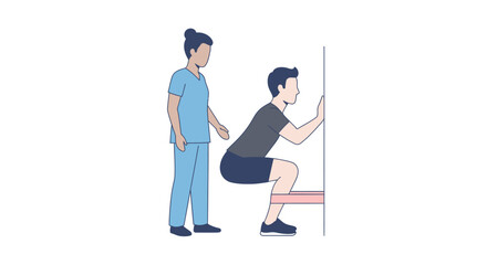 Physiotherapist assists man performing strength training wall squat
