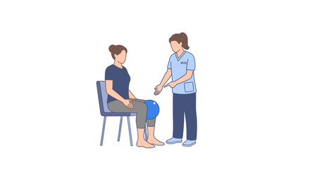 Obraz premium Patient performs sitting knee squeeze exercise assisted by therapist