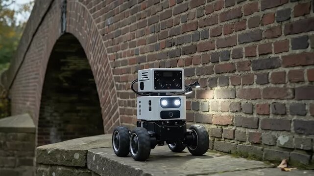 A six-wheeled white robot moves on a stone ledge in front of a brick wall.