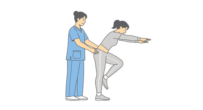 Physiotherapist guides patient doing crucial one-legged balance exercise