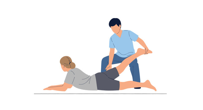 Professional physical therapist assists patient with therapeutic leg lift exercise