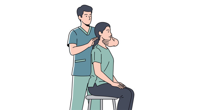 Expert therapist performs neck examination and chiropractic adjustment