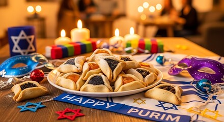 A festive table setting for the Jewish holiday of Purim with traditional food and decorations