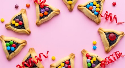 Obraz premium A vibrant and colorful arrangement of traditional Jewish hamantaschen cookies on a pink background