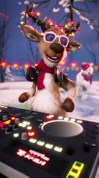 Christmas Party: Funny reindeer and polar bears dance on a winter holiday background. Animated video for greeting cards, festive events, and New Year&rsquo;s parties.