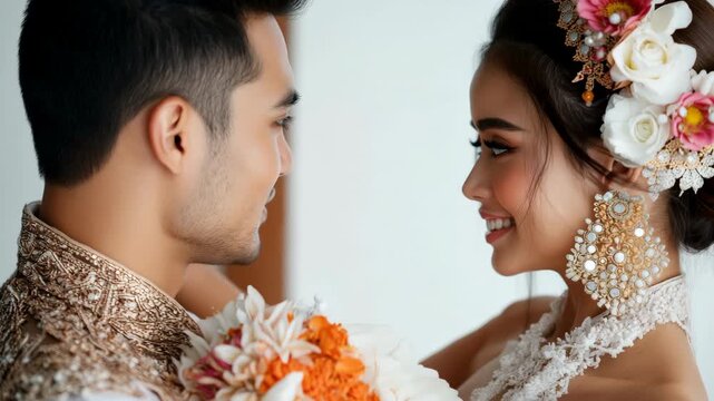 Joyful Wedding Thai Couple Embracing in Traditional Thai Costumes