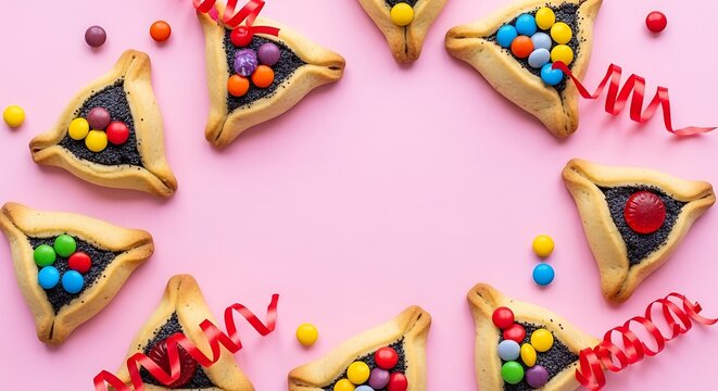 A vibrant and colorful arrangement of traditional Jewish hamantaschen cookies on a pink background