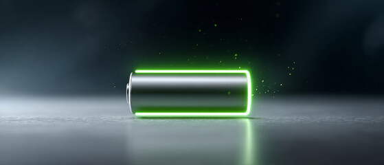 A battery with a green neon light around it, on top of a table in the dark
