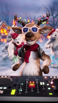 Christmas Party: Funny reindeer and polar bears dance on a winter holiday background. Animated video for greeting cards, festive events, and New Year&rsquo;s parties.