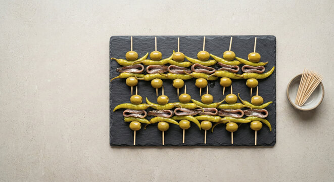 Slate Platter with Gilda Pintxo Skewers