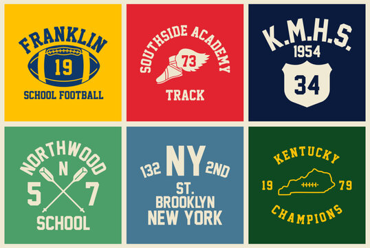 Vintage college style tee print set. T-shirt stamp graphic, athletic apparel design shirt graphic print