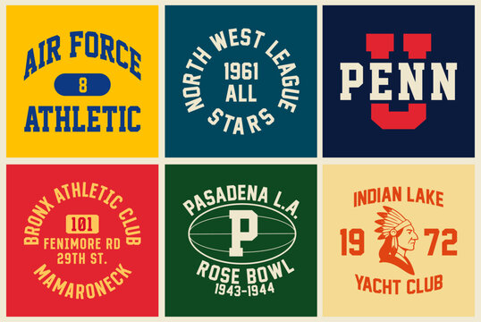 Vintage college style tee print set. T-shirt stamp graphic, athletic apparel design shirt graphic print