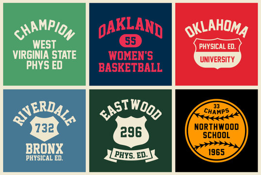 Vintage college style tee print set. T-shirt stamp graphic, athletic apparel design shirt graphic print