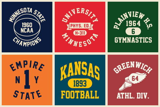 Vintage college style tee print set. T-shirt stamp graphic, athletic apparel design shirt graphic print