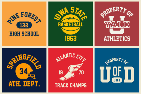 Vintage college style tee print set. T-shirt stamp graphic, athletic apparel design shirt graphic print