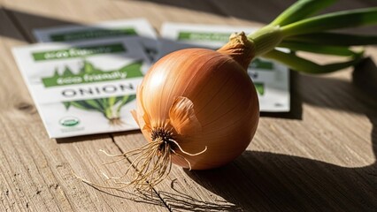 organic yellow onion bulb with paper seed packets on a rustic wooden table for agricultural blogs, gardening retail, eco-friendly branding, farm-to-table menus, and autumn harvest festival posters