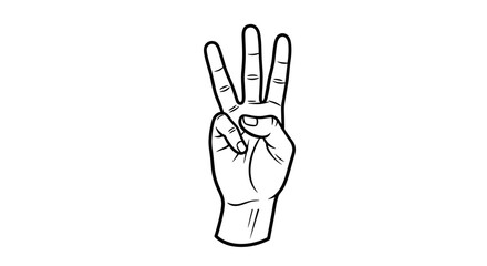 Hand Showing Three Fingers Up Gesture Line Art.