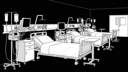 Hospital Intensive Care Unit Beds with Medical Equipment.