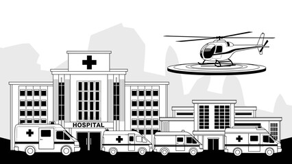 Hospital scene with ambulances and a helicopter for medical emergencies.