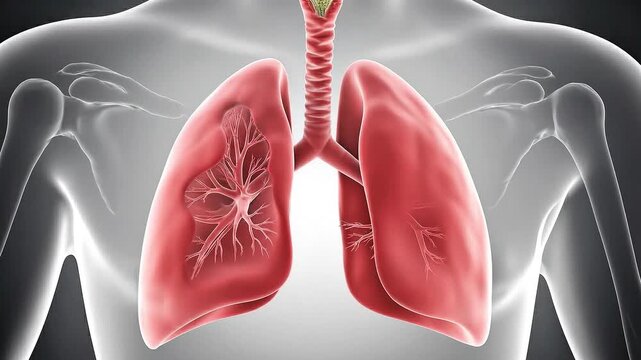 3D medical illustration of healthy human lungs and respiratory system for anatomical study