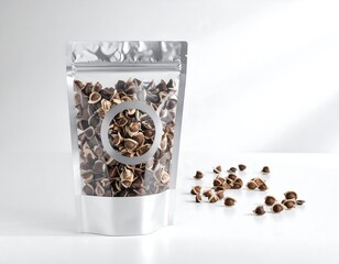 Seeds in clear pouch and scattered, studio shot. Minimalist, bright, high-key lighting