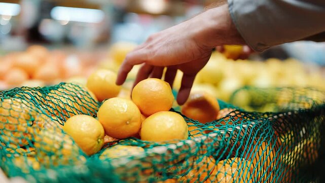 Fresh Oranges in a Mesh Bag: Citrus Fruit Harvest, Close-Up Produce Still Life, Healthy Food, Vibrant Color, Grocery Shopping.