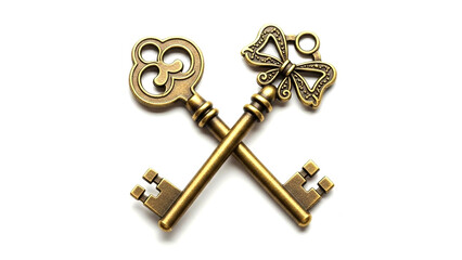 Two antique gold keys crossed on white background