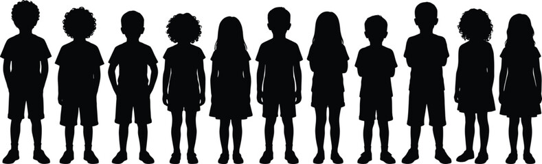 Children silhouettes vector illustration featuring diverse boys and girls standing lineup isolated black figures for education design poster icon use