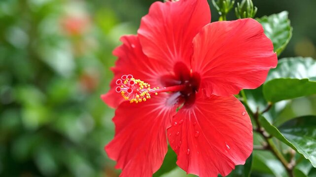 Closeup of a vibrant red hibiscus flower blooming in a lush garden.