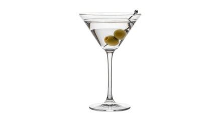 Classic martini cocktail in a glass with two green olives on a pick, cut out, stock png, isolated on transparent background