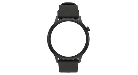 Black smartwatch with blank round screen, cut out, stock png, isolated on transparent background