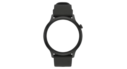 Black smartwatch with blank round screen, cut out, stock png, isolated on transparent background