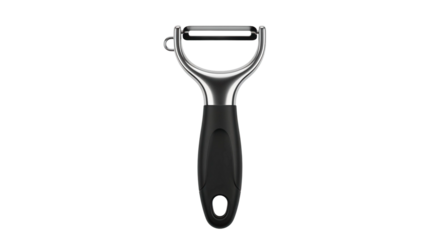 Silver vegetable peeler with black handle, cut out, stock png, isolated on transparent background