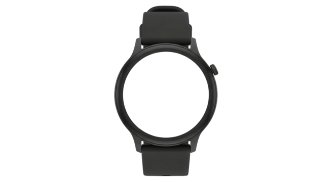 Black smartwatch with blank round screen, cut out, stock png, isolated on transparent background - Powered by Adobe