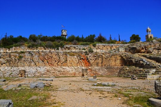 View of the carved seats of the ancient ceremony building, the Telesterion, in Eleusis or Elefsina, Greece